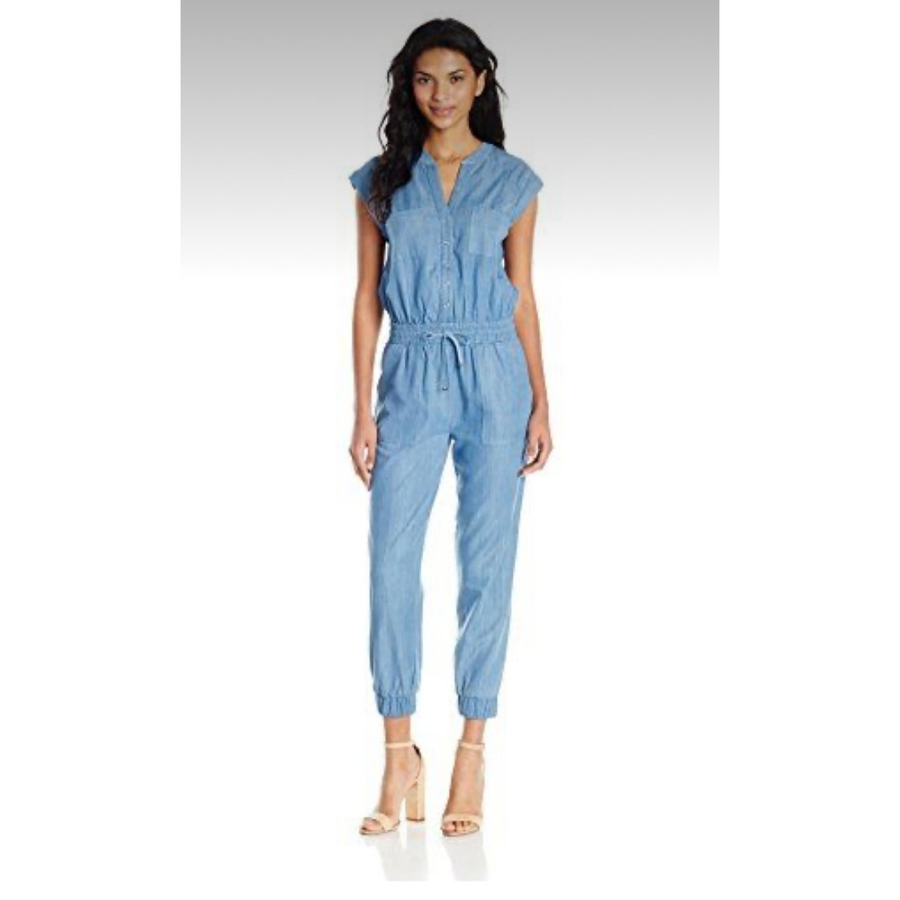 MOON RIVER Chambray Jumpsuit, Drawstring, Pockets, Size S